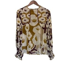 Blank London Womens XS Abstract Floral Blouse Brown Mustard Boho Ruffle Cuff Top